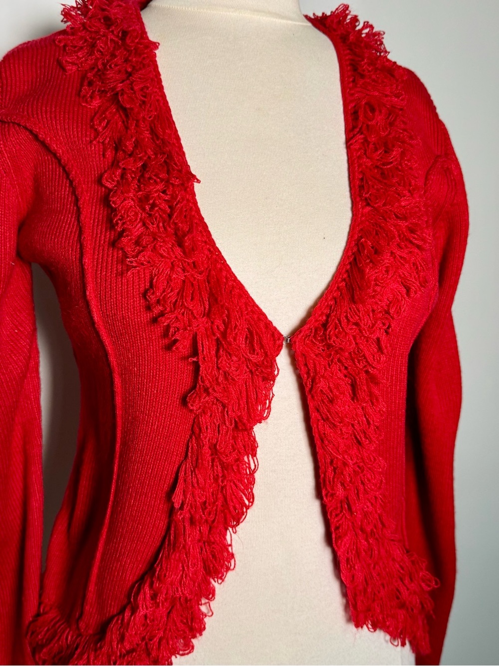 Y2K Sexy Kim Rogers Bright Red Fringe-Trim Cardigan